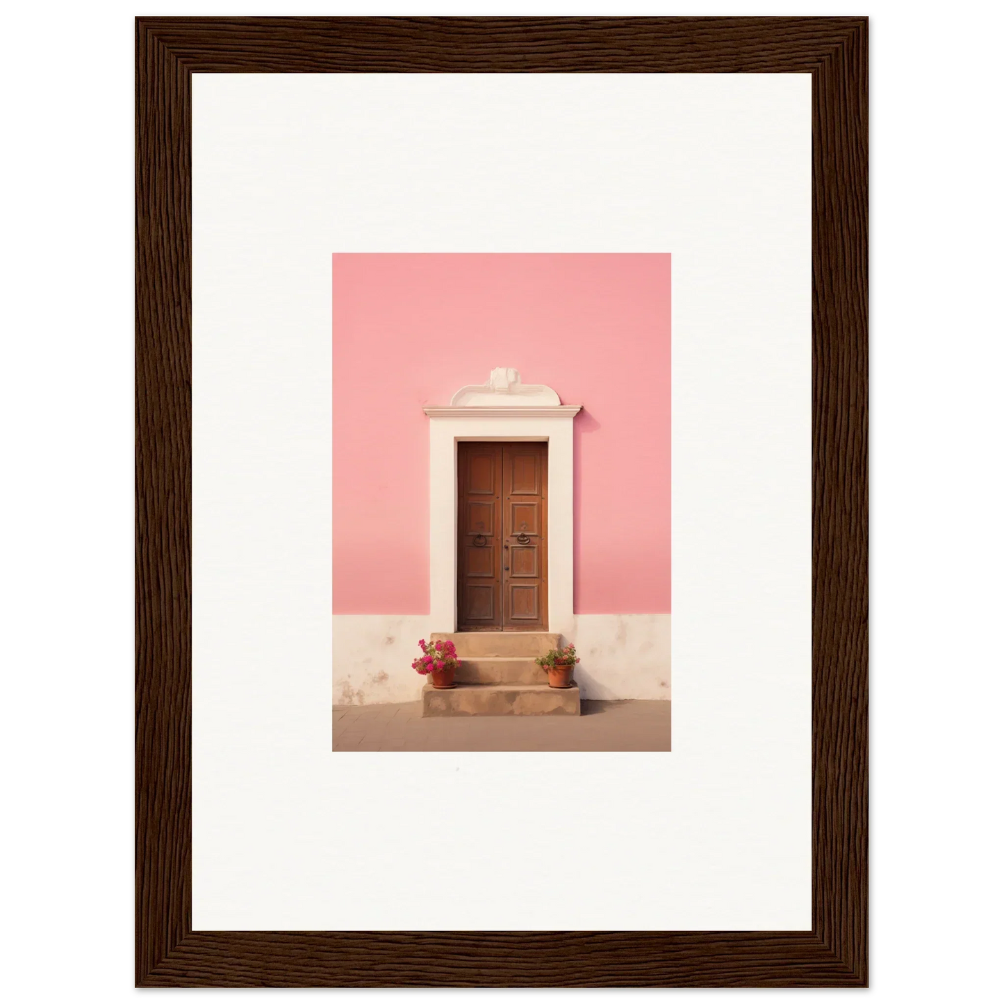 Wooden door with trim on pink wall, surrounded by flowers in Pastiche Portal Epiphany