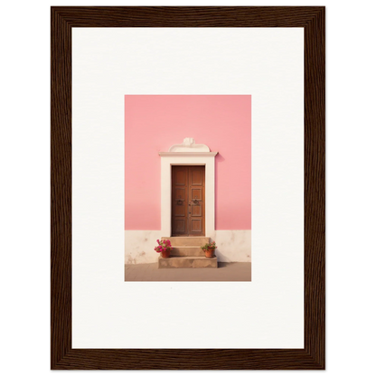 Wooden door with trim on pink wall, surrounded by flowers in Pastiche Portal Epiphany