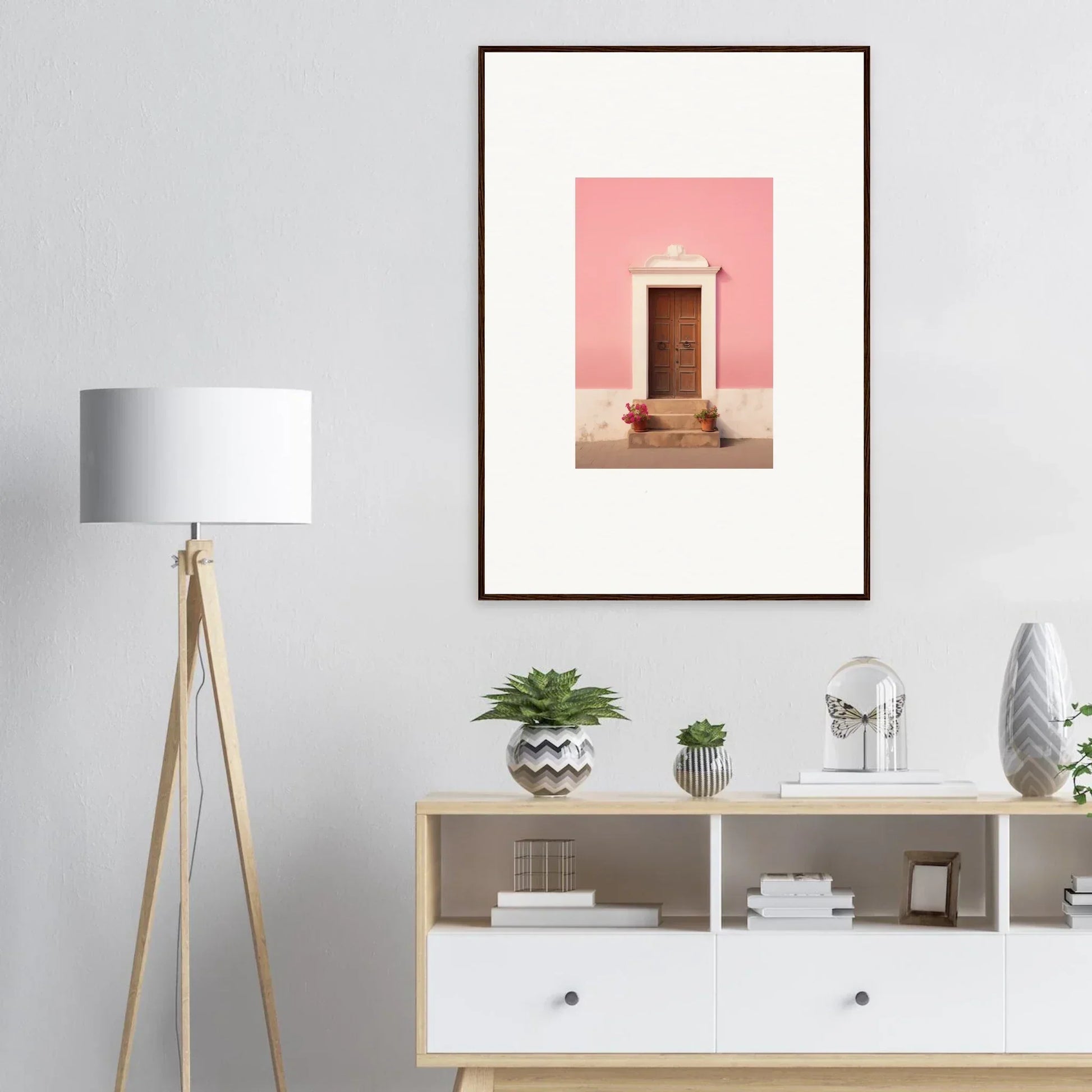 Framed wall art of a brown door on a pink wall from Pastiche Portal Epiphany