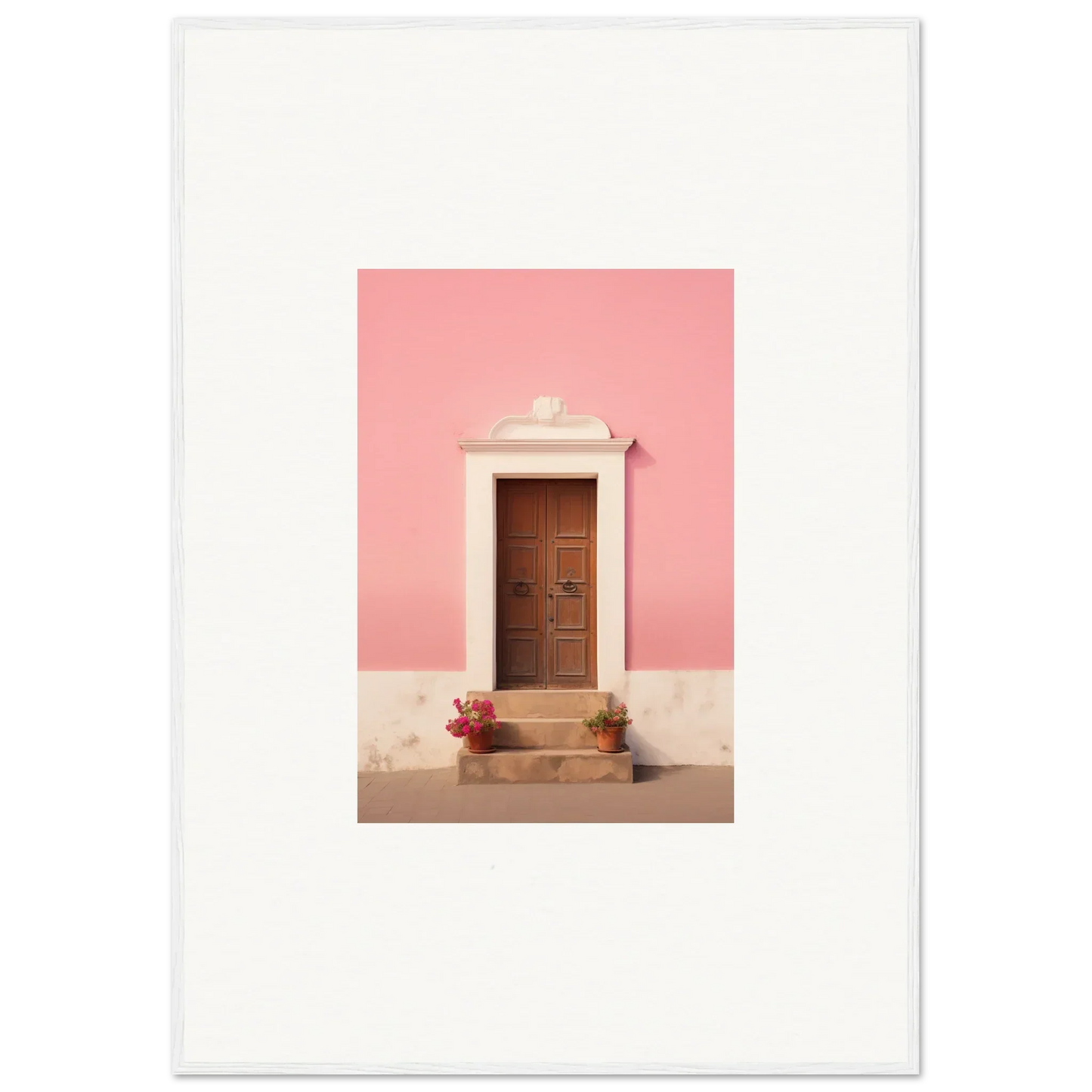 Wooden door with stone trim on pink wall in Pastiche Portal Epiphany framed wall art