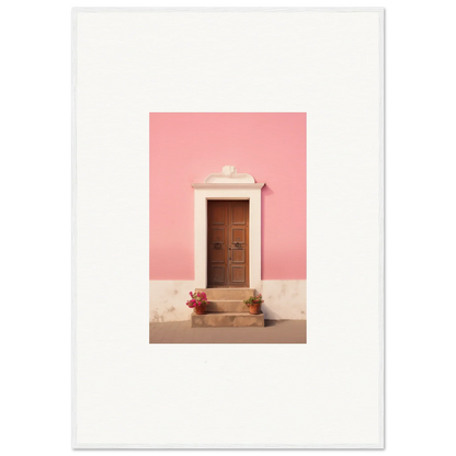 Wooden door with stone trim on pink wall in Pastiche Portal Epiphany framed wall art