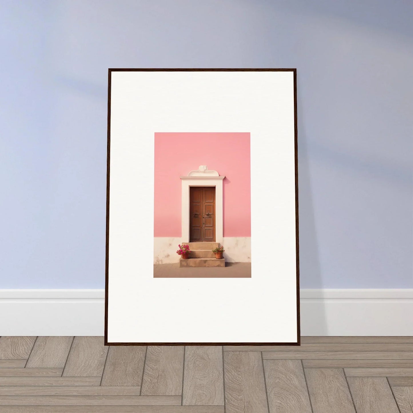 Framed wall art of a wooden door on a pink wall from Pastiche Portal Epiphany