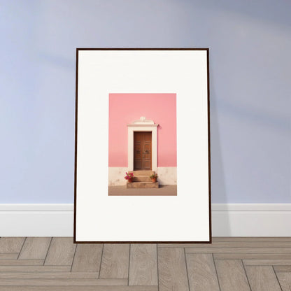 Framed wall art of a wooden door on a pink wall from Pastiche Portal Epiphany