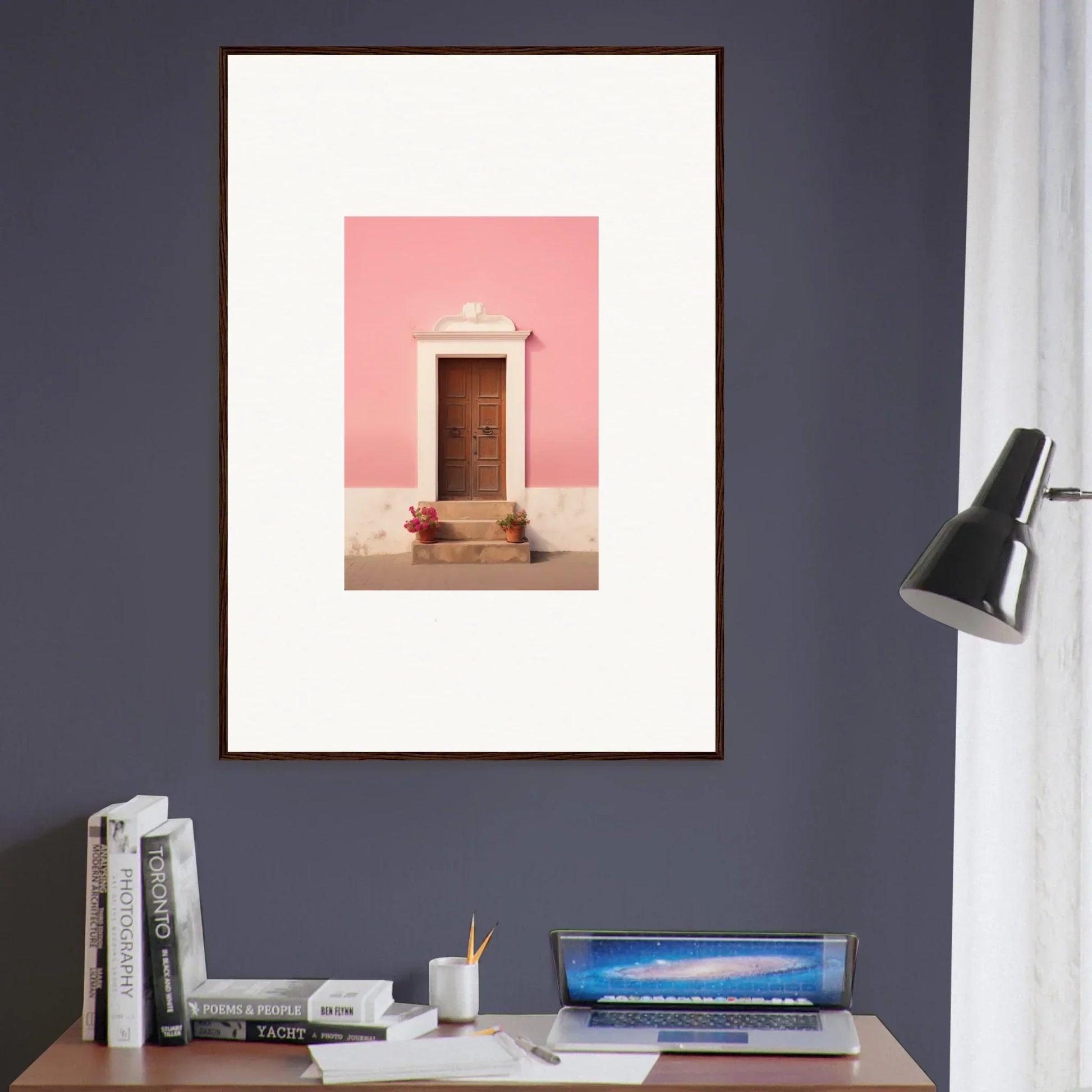 Wooden door and stone steps on a pink wall in Pastiche Portal Epiphany framed wall art