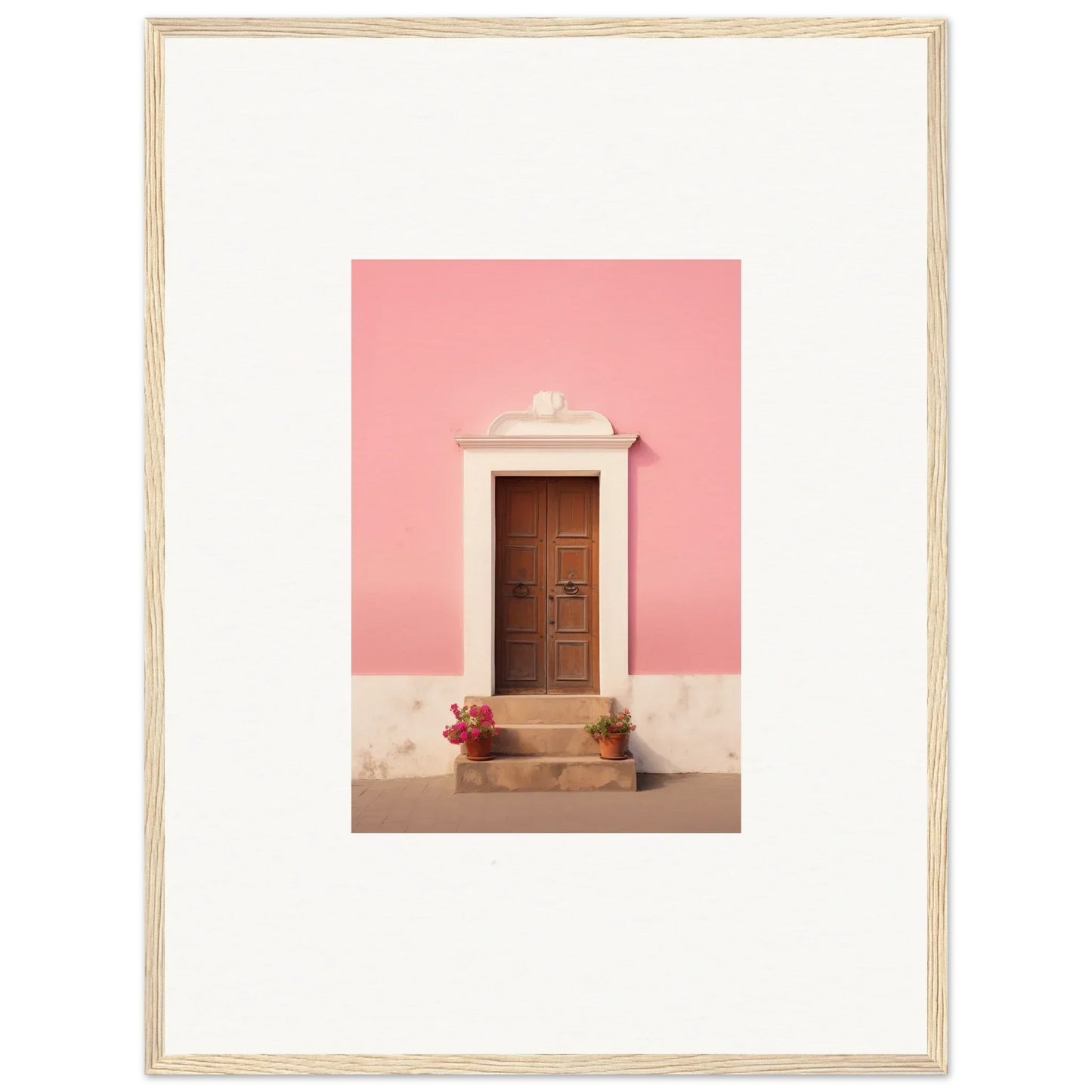 Wooden door with trim on pink wall, framed by flowers - Pastiche Portal Epiphany art