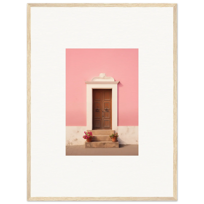 Wooden door with trim on pink wall, framed by flowers - Pastiche Portal Epiphany art