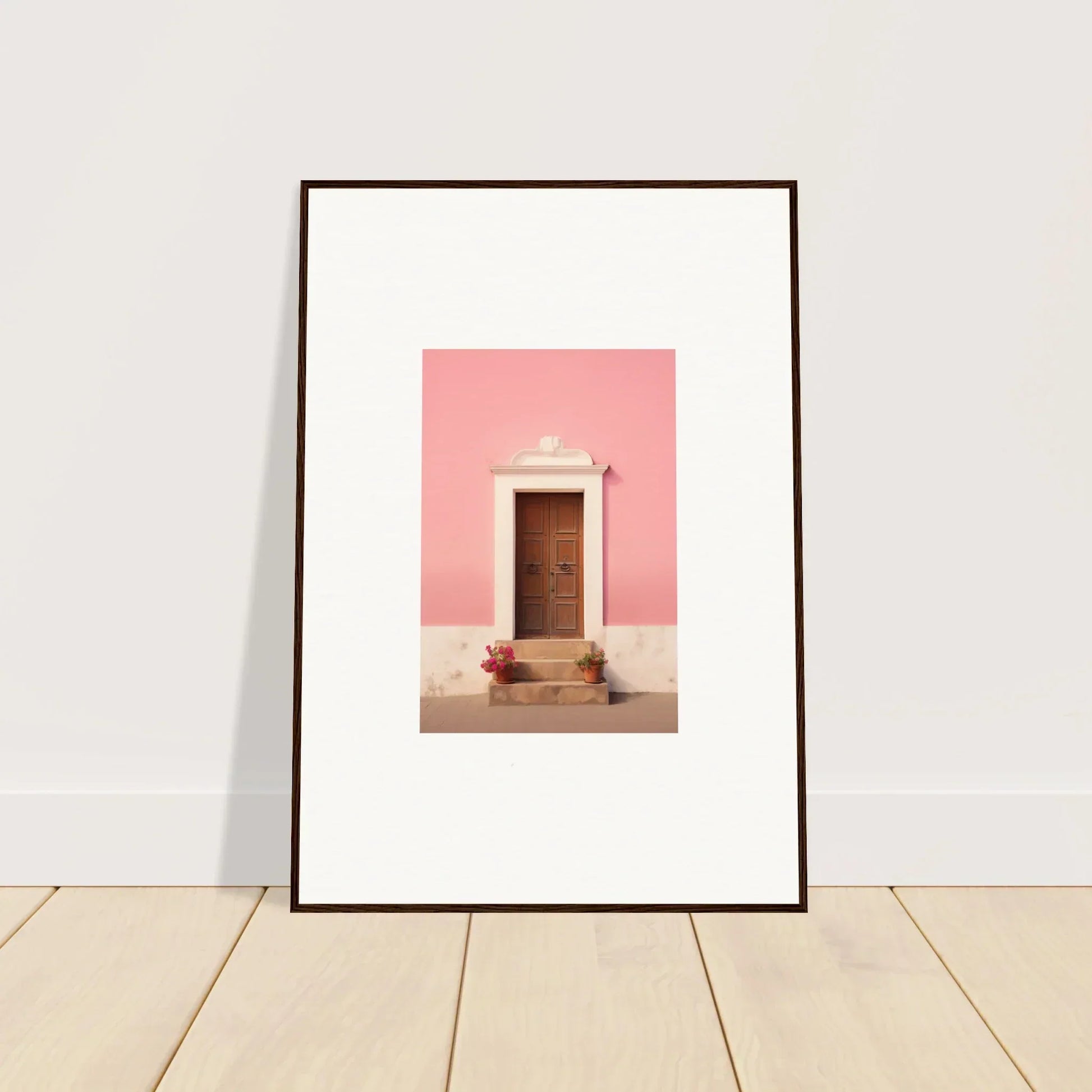 Framed wall art of a wooden door on a pink wall for Pastiche Portal Epiphany