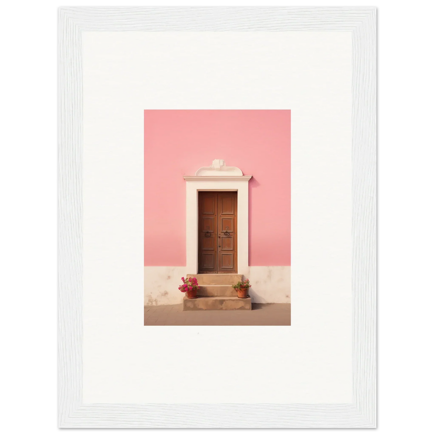 Wooden door with white trim on a pink wall in Pastiche Portal Epiphany art piece