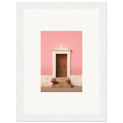 Wooden door with white trim on a pink wall in Pastiche Portal Epiphany art piece