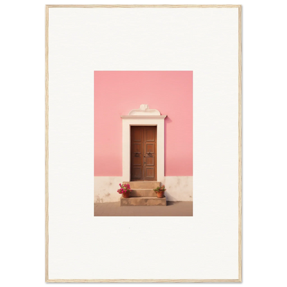 Wooden door with decorative panels on pink wall near plants in Pastiche Portal Epiphany