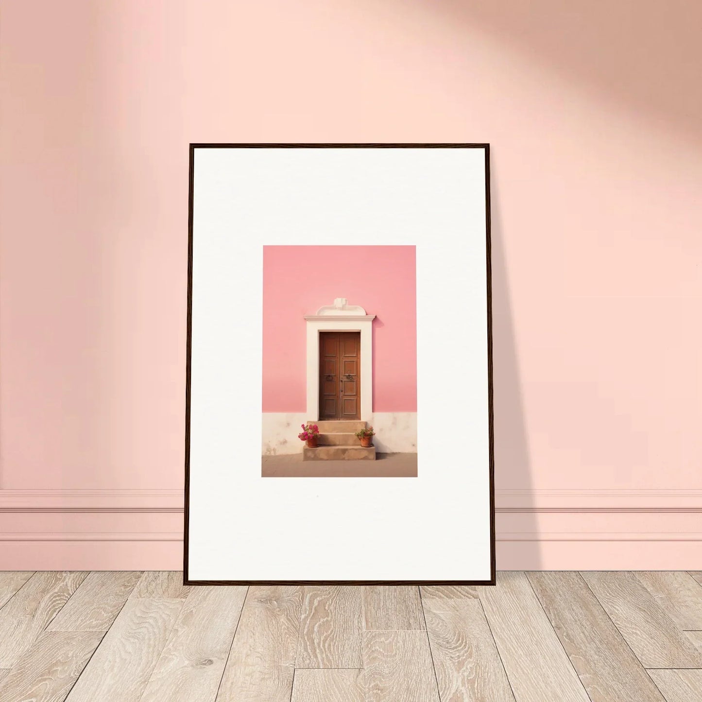 Framed wall art of a wooden door on a pink wall from Pastiche Portal Epiphany