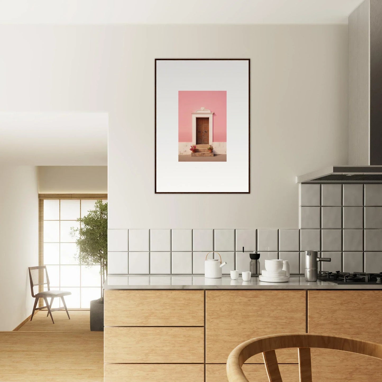 Framed wall art showcasing a doorway on pink, perfect for Pastiche Portal Epiphany