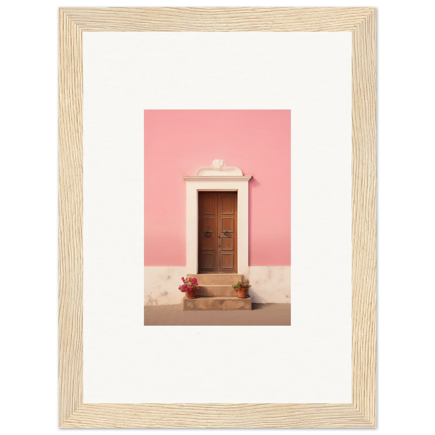 Wooden door with white trim on pink wall in Pastiche Portal Epiphany framed wall art