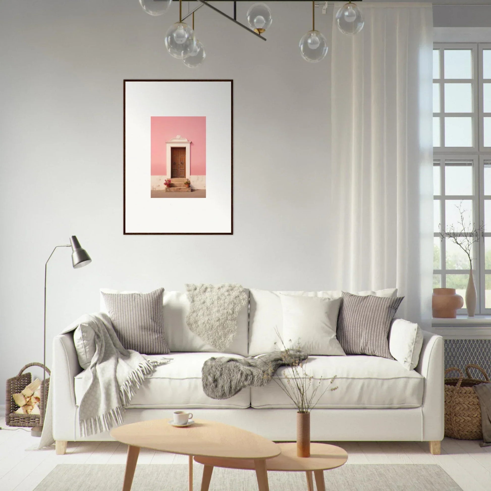 White sofa with gray and cream pillows, perfect for Pastiche Portal Epiphany vibes