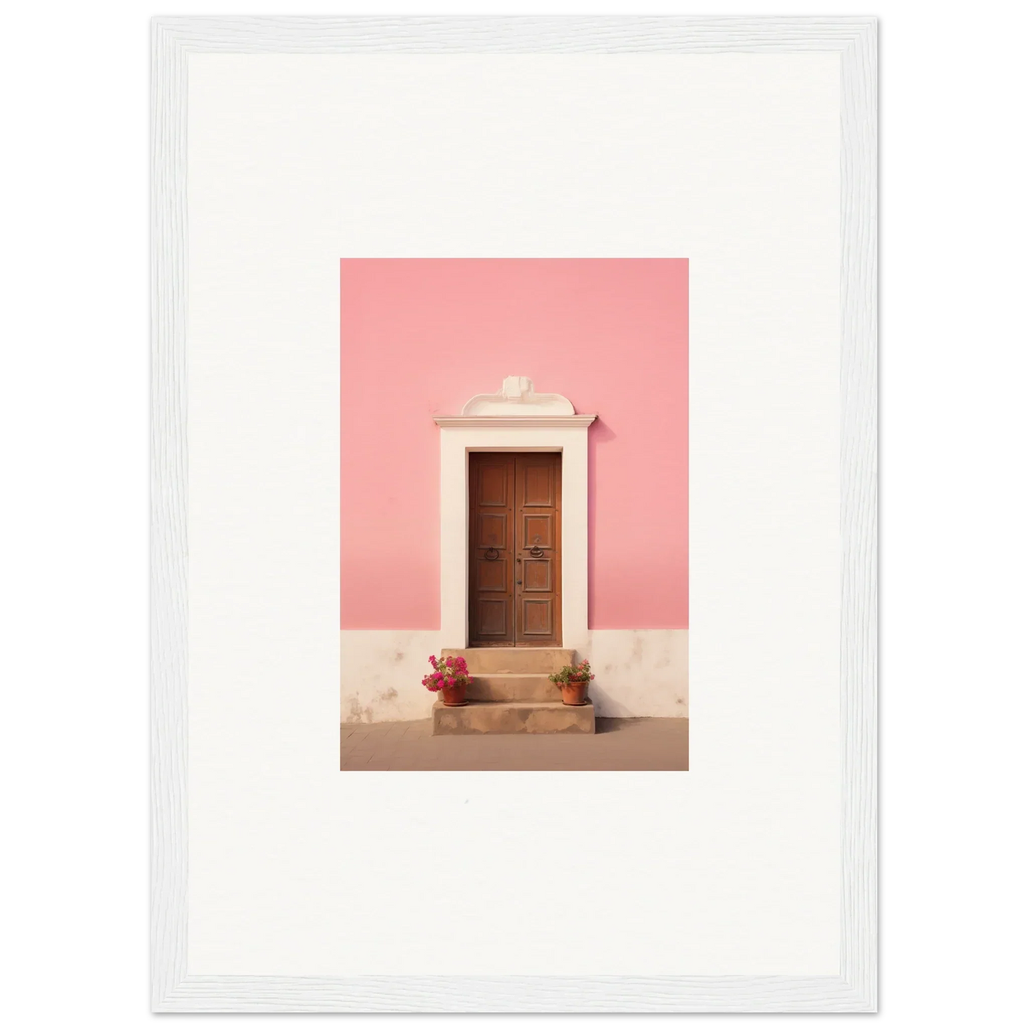 Wooden door with white trim on pink wall, perfect for Pastiche Portal Epiphany decor