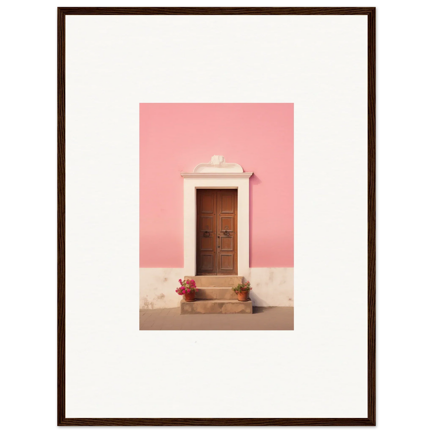 Wooden door, stone steps, and flowers on pink wall in Pastiche Portal Epiphany art