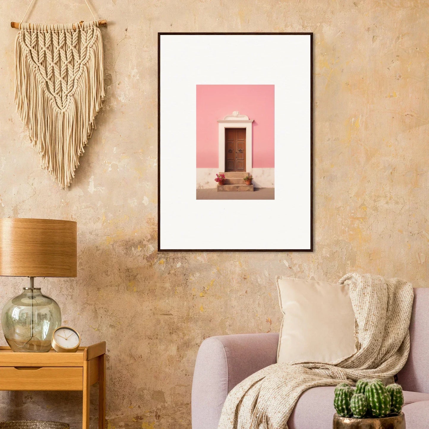 Framed wall art of Pastiche Portal Epiphany with a pink wall and wooden door