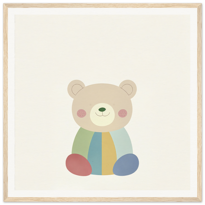 Cute cartoon teddy bear in colorful striped outfit from Patchwork Smile Tales