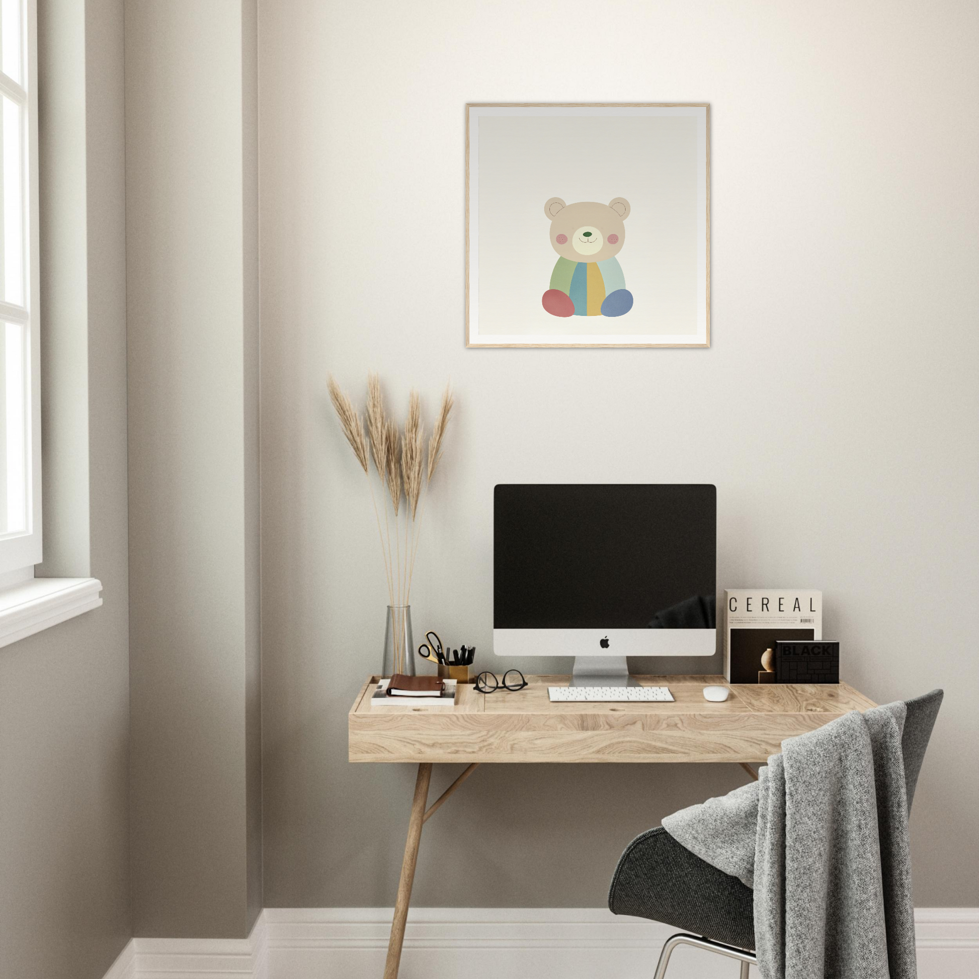 Simple wooden desk with an iMac, perfect for Patchwork Smile Tales and creativity