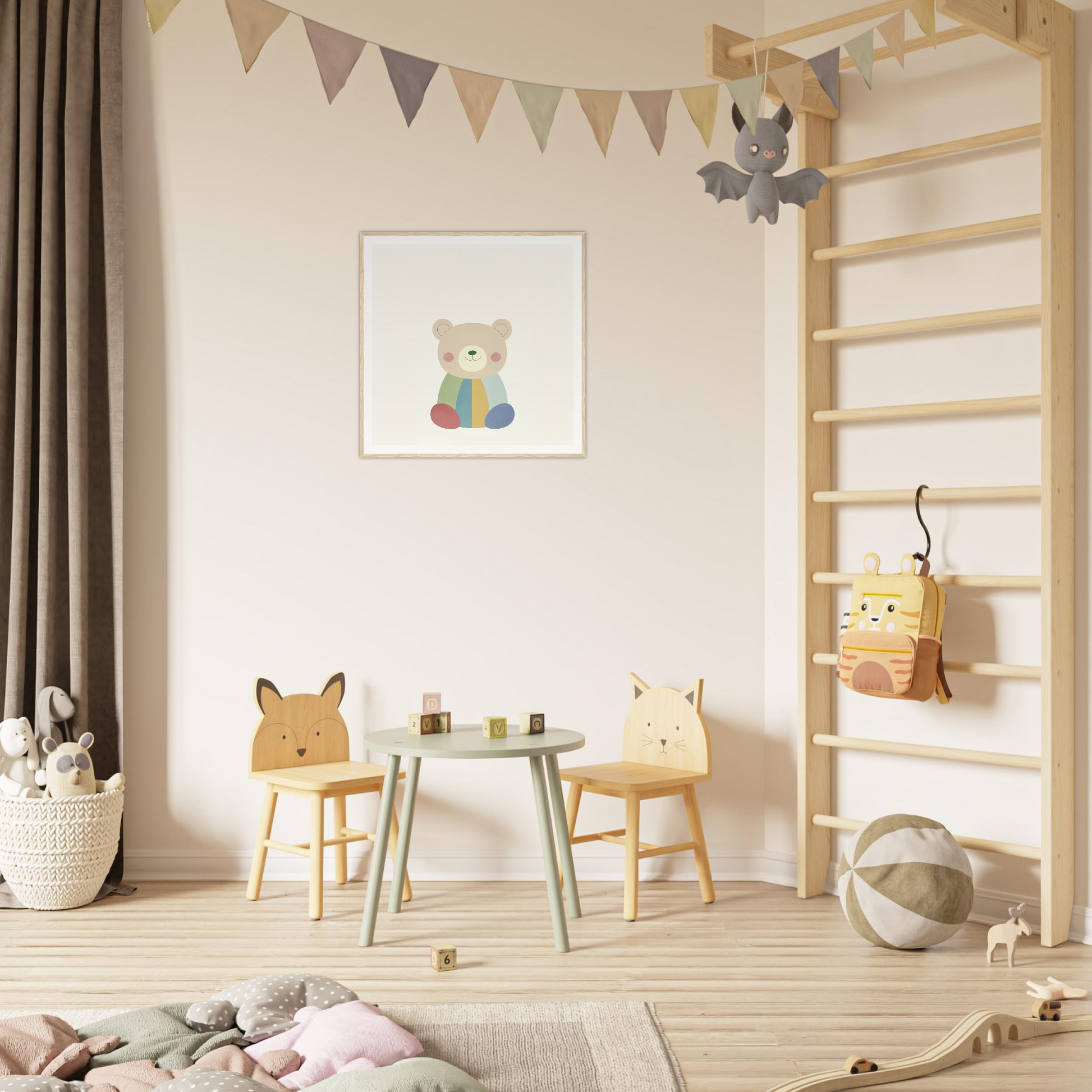 Children’s play area featuring animal-themed chairs at Patchwork Smile Tales