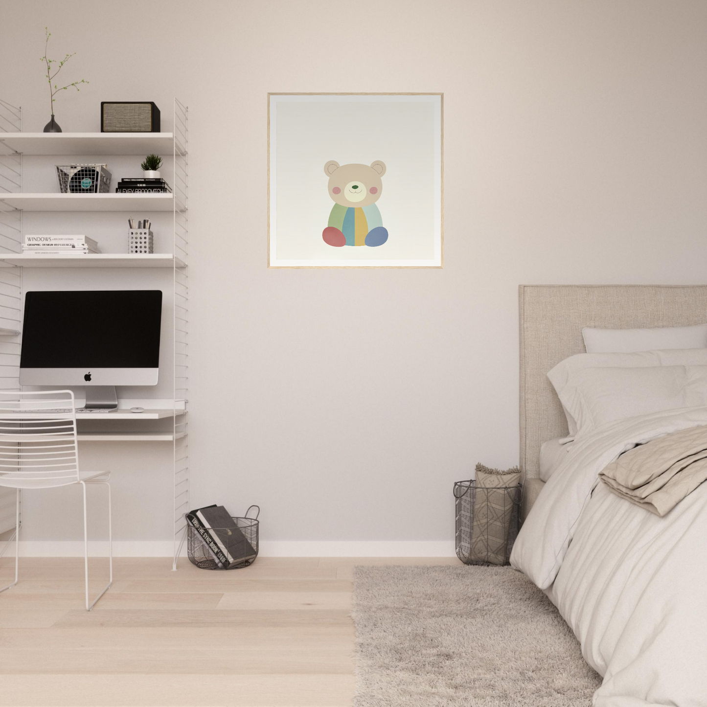 Minimalist bedroom featuring floating shelves, iMac, and Patchwork Smile teddy bear artwork