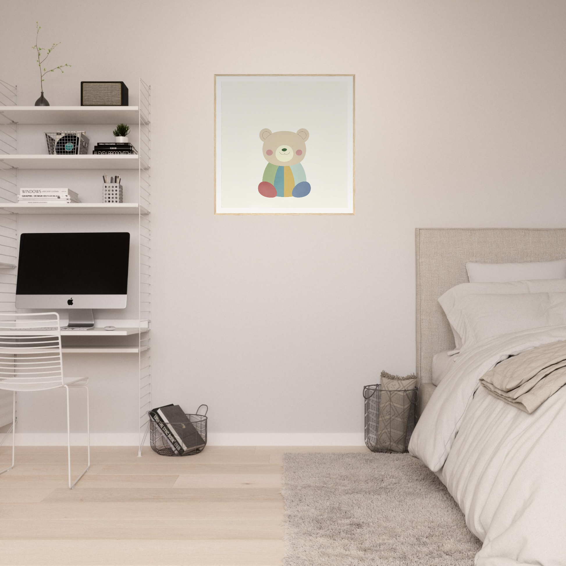 Minimalist bedroom featuring floating shelves, iMac, and Patchwork Smile teddy bear artwork