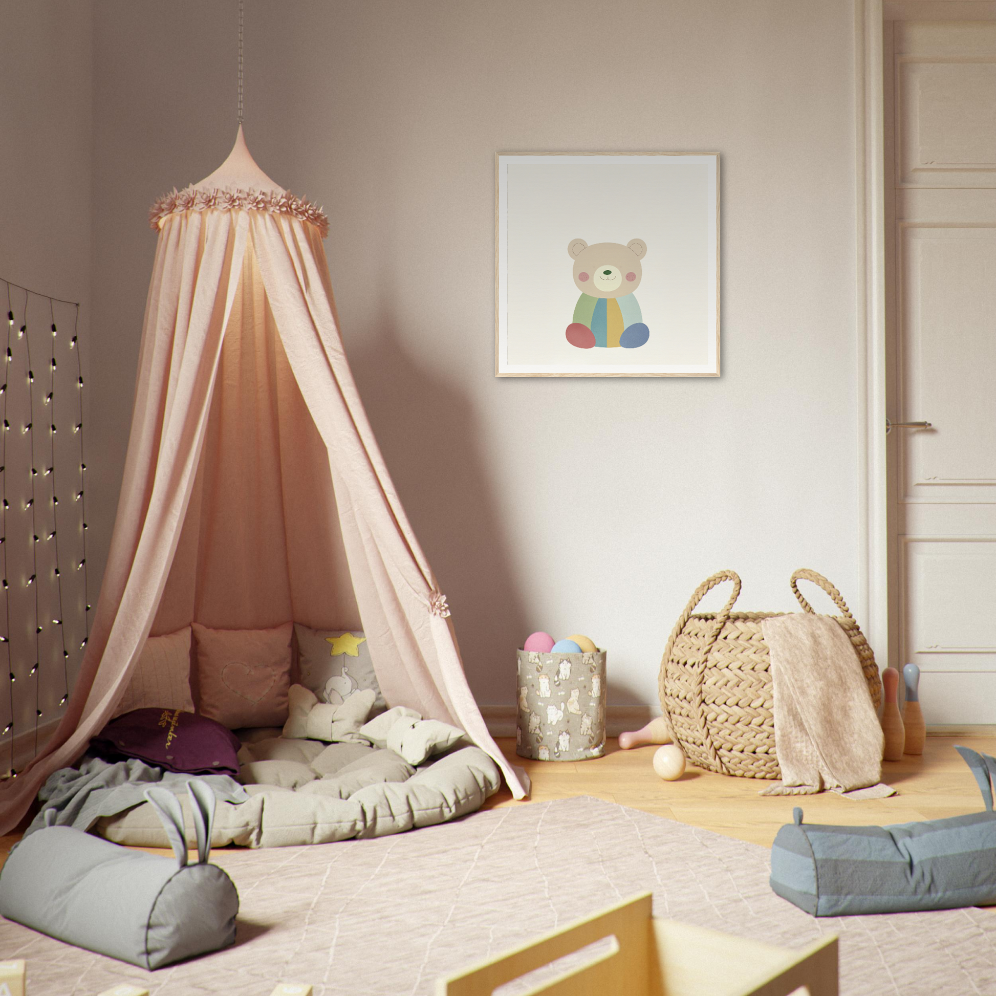 Peach-colored canopy tent with cushions under Patchwork Smile Tales décor