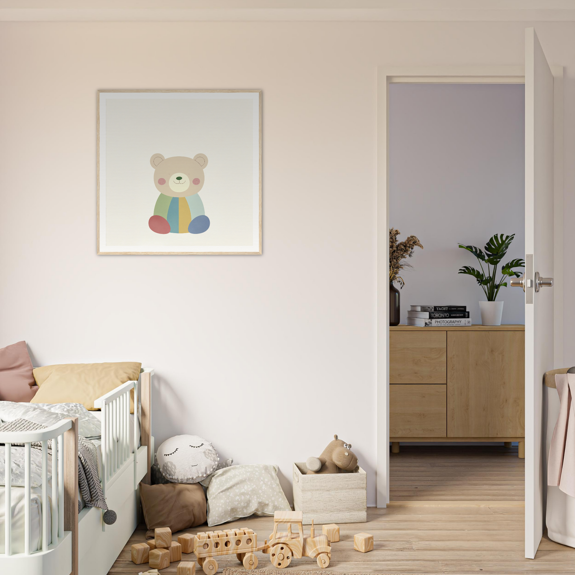 Framed teddy bear illustration from Patchwork Smile Tales with a colorful gift