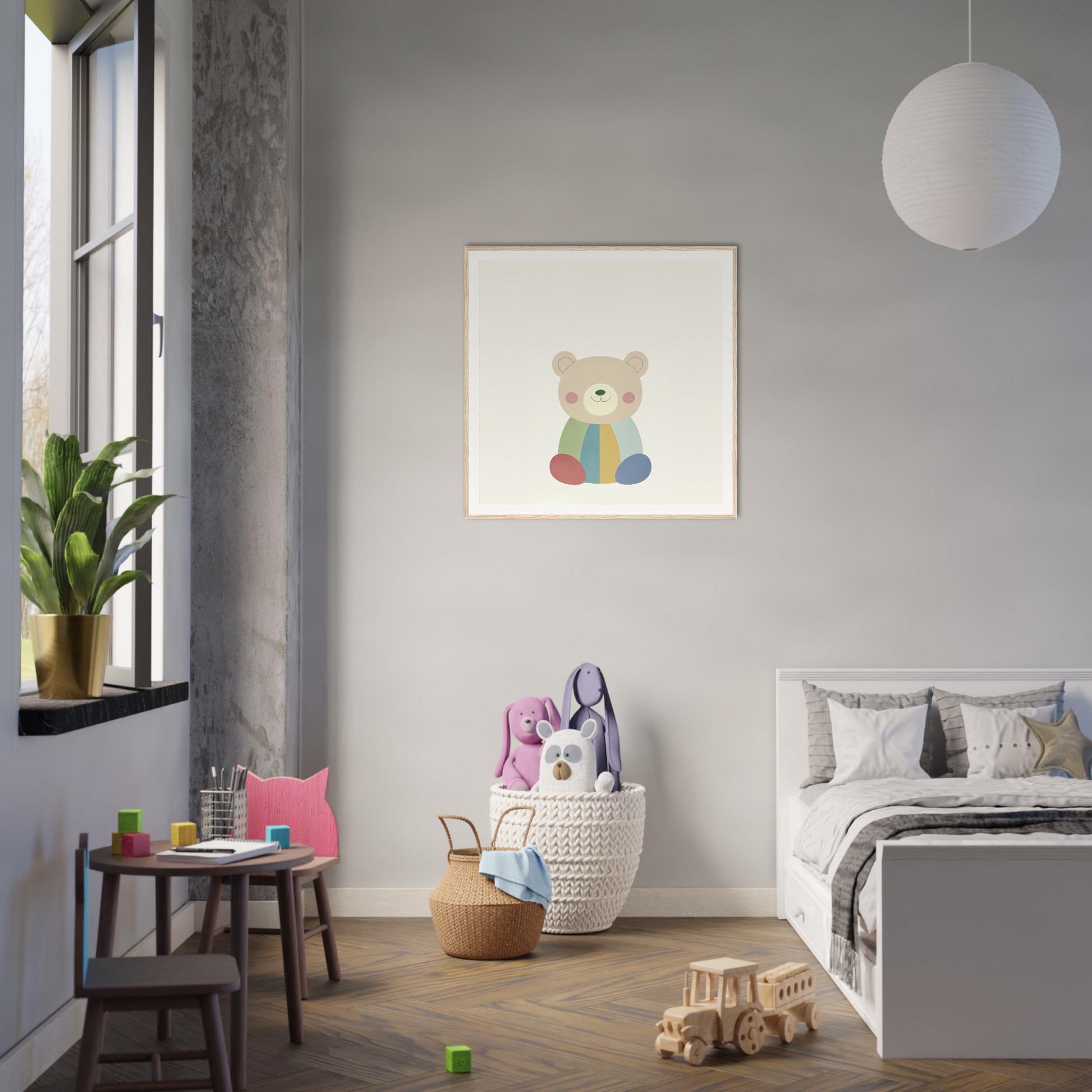 Framed illustration of a teddy bear with a blue scarf from Patchwork Smile Tales
