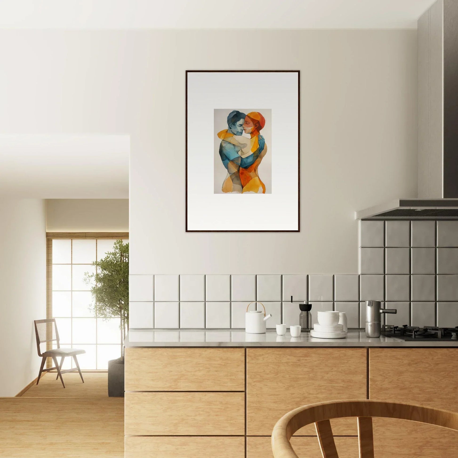 Framed canvas print of vibrant fused constellaciones intertwining figures for room decoration