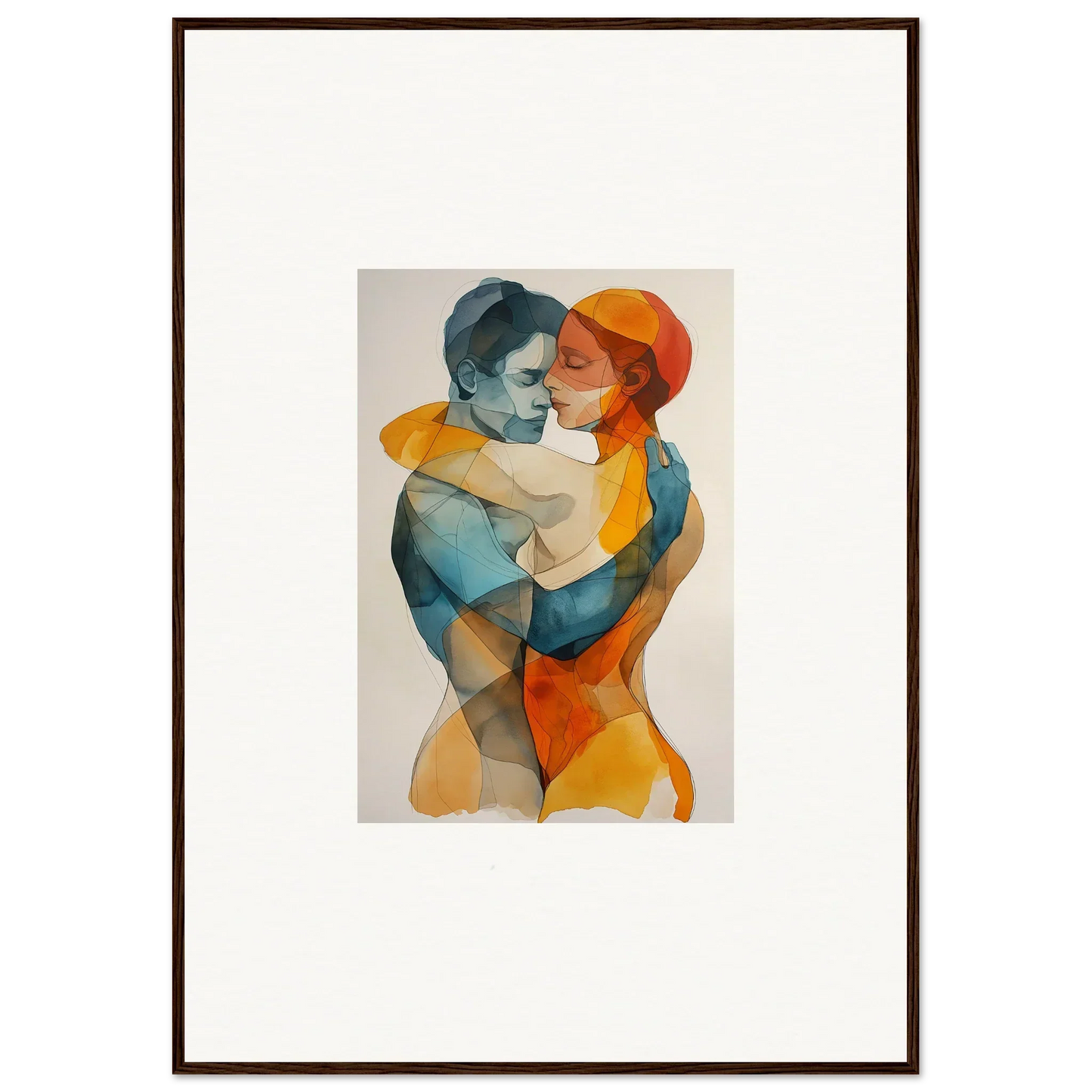 Watercolor canvas print of two figures embracing in vibrant blue and orange, perfect for room decoration