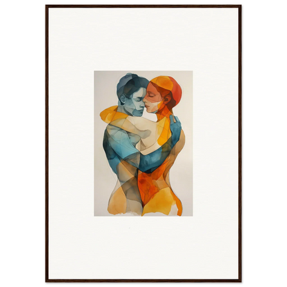 Watercolor canvas print of two figures embracing in vibrant blue and orange, perfect for room decoration