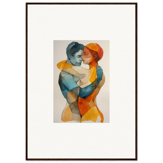 Watercolor canvas print of two figures embracing in vibrant blue and orange, perfect for room decoration