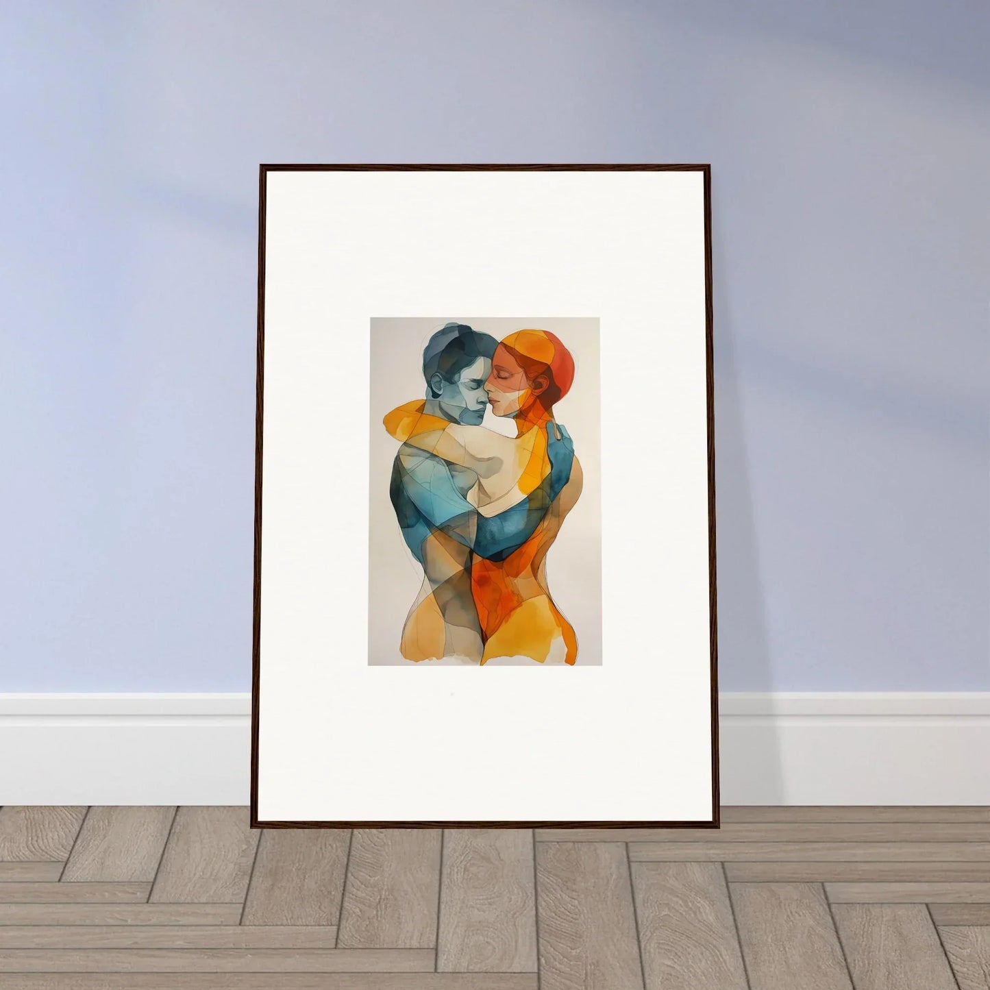 Framed watercolor of abstract figures embracing, perfect for room decoration or fused constellaciones canvas print