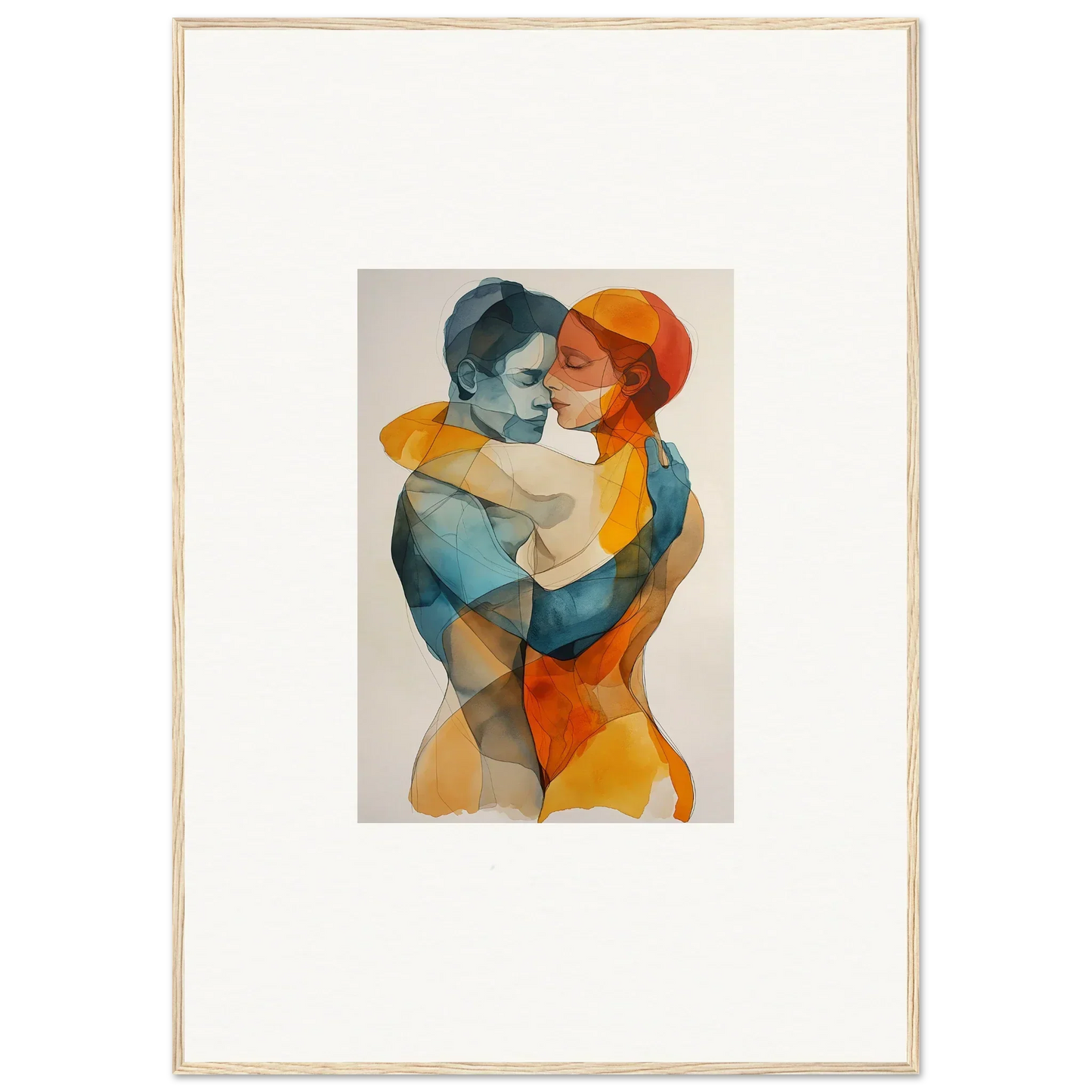 Watercolor canvas print of two figures embracing in blue and orange for room decoration