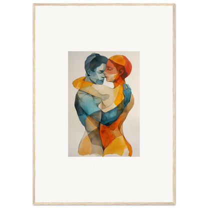 Watercolor canvas print of two figures embracing in blue and orange for room decoration