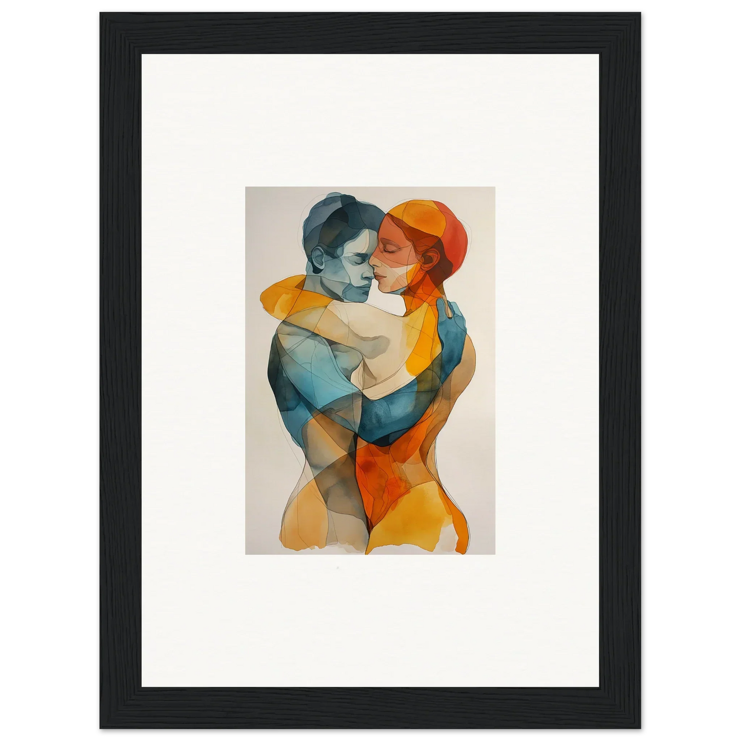 Framed watercolor of an embracing couple in vibrant hues for room decoration