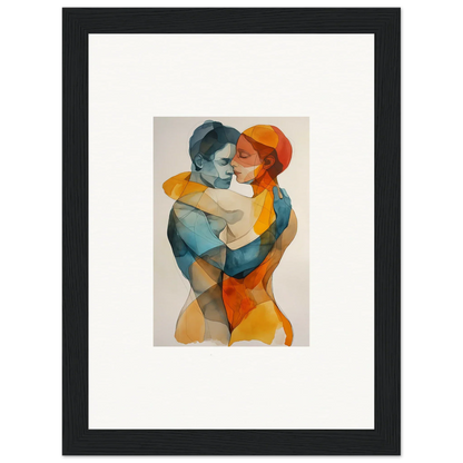 Framed watercolor of an embracing couple in vibrant hues for room decoration