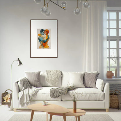 Chic white sofa with gray pillows, perfect for room decoration with Fused Constellaciones canvas print