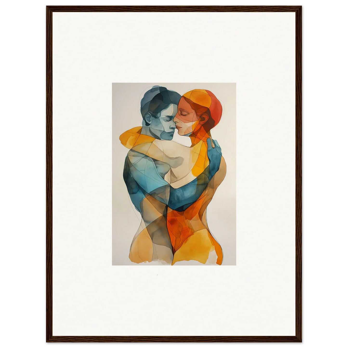 Framed watercolor of a couple in vibrant hues, perfect for room decoration and Fused Constellaciones