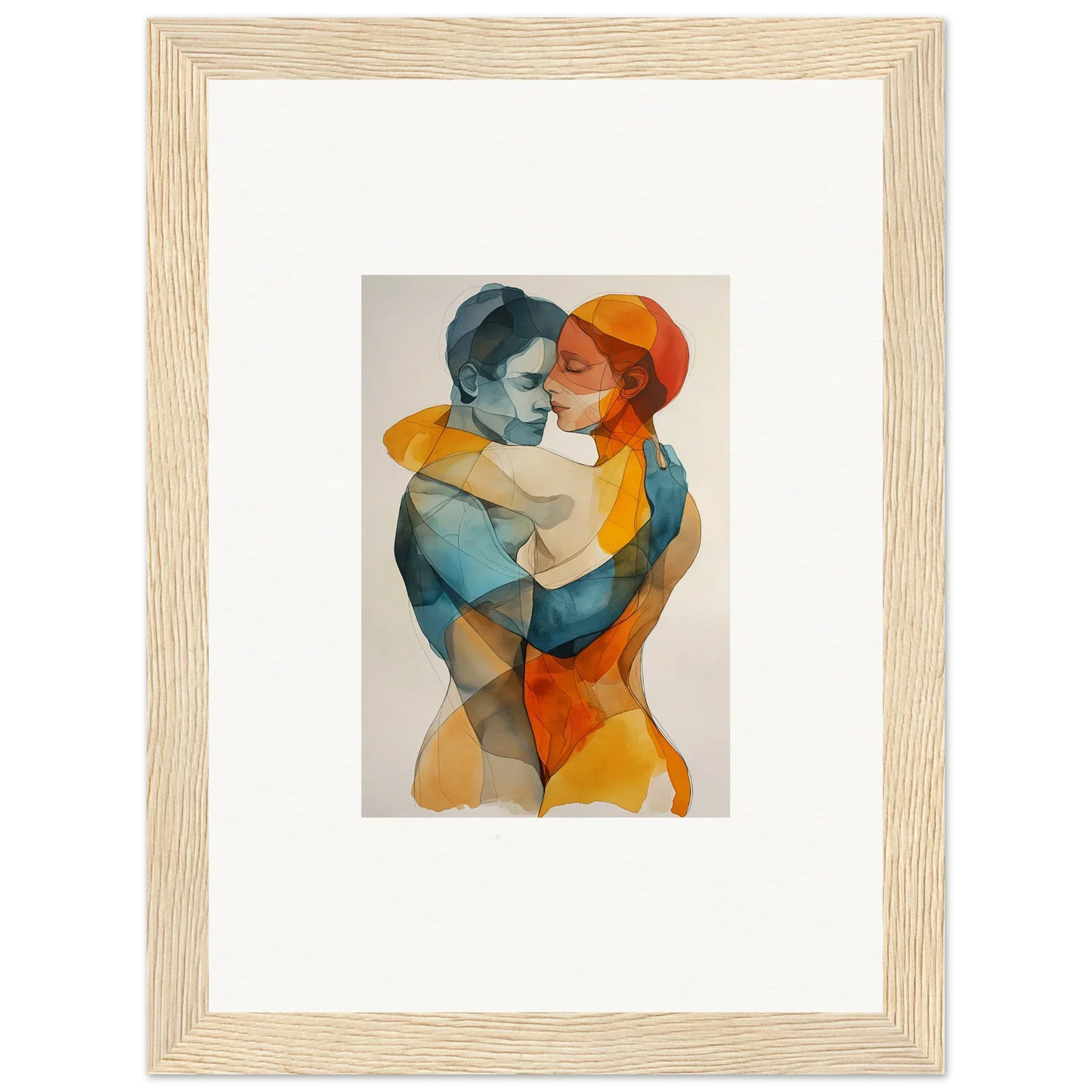 Framed watercolor canvas print of a couple in abstract blue and orange for room decoration