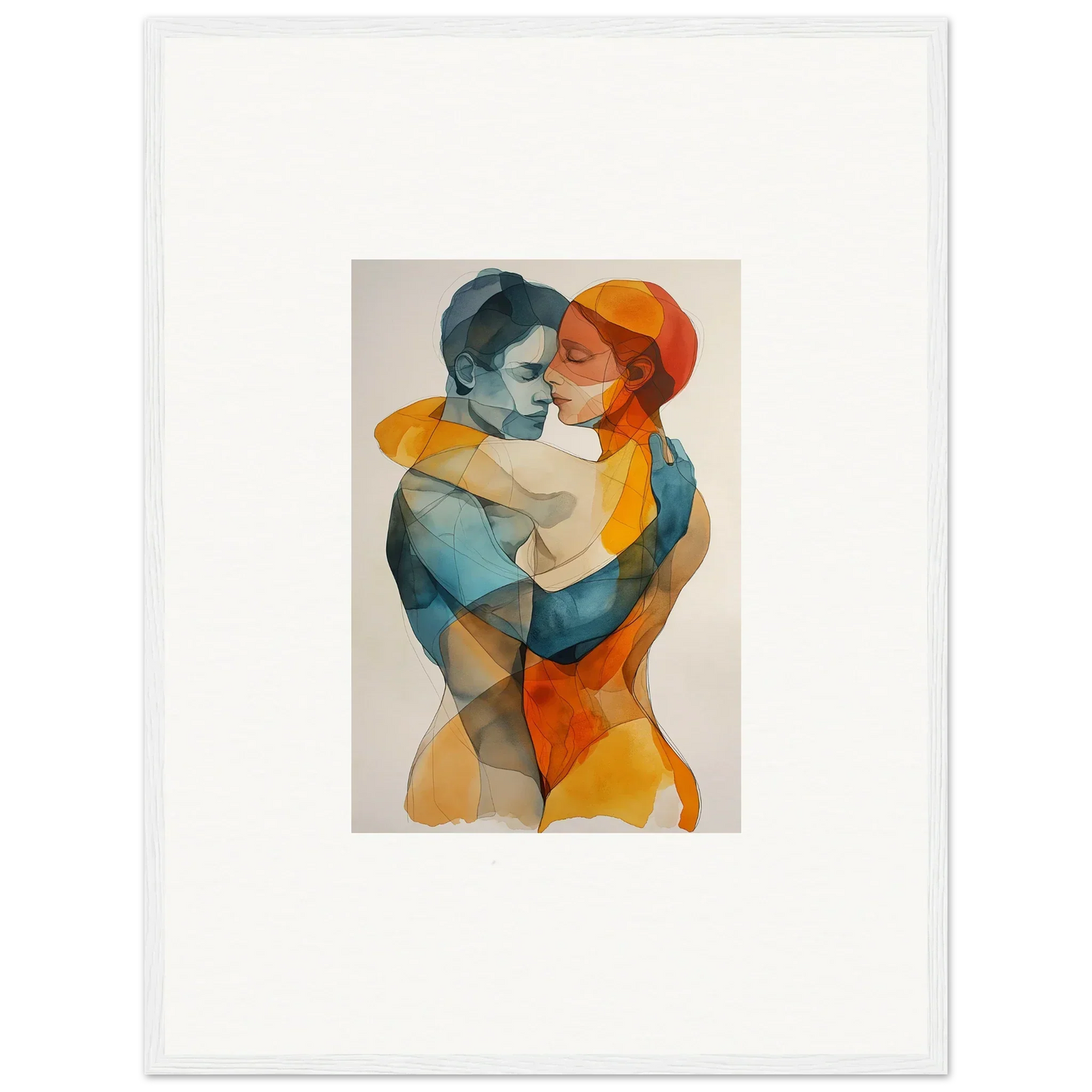 Watercolor of a couple in blue and orange, perfect for room decoration as a canvas print