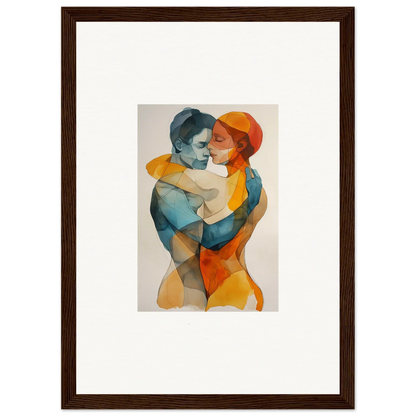 Framed watercolor of abstract figures embracing for room decoration, Fused Constellaciones