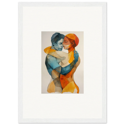 Watercolor canvas print of two embracing figures in blue and orange for unique room decoration