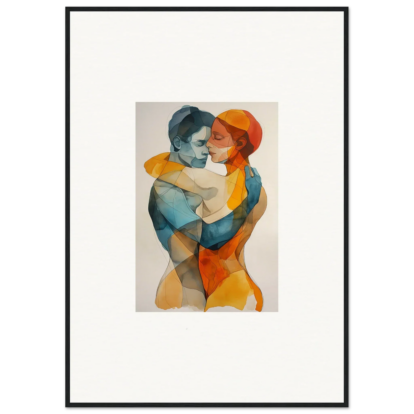 Watercolor canvas print of embracing figures for vibrant room decoration, Fused Constellaciones