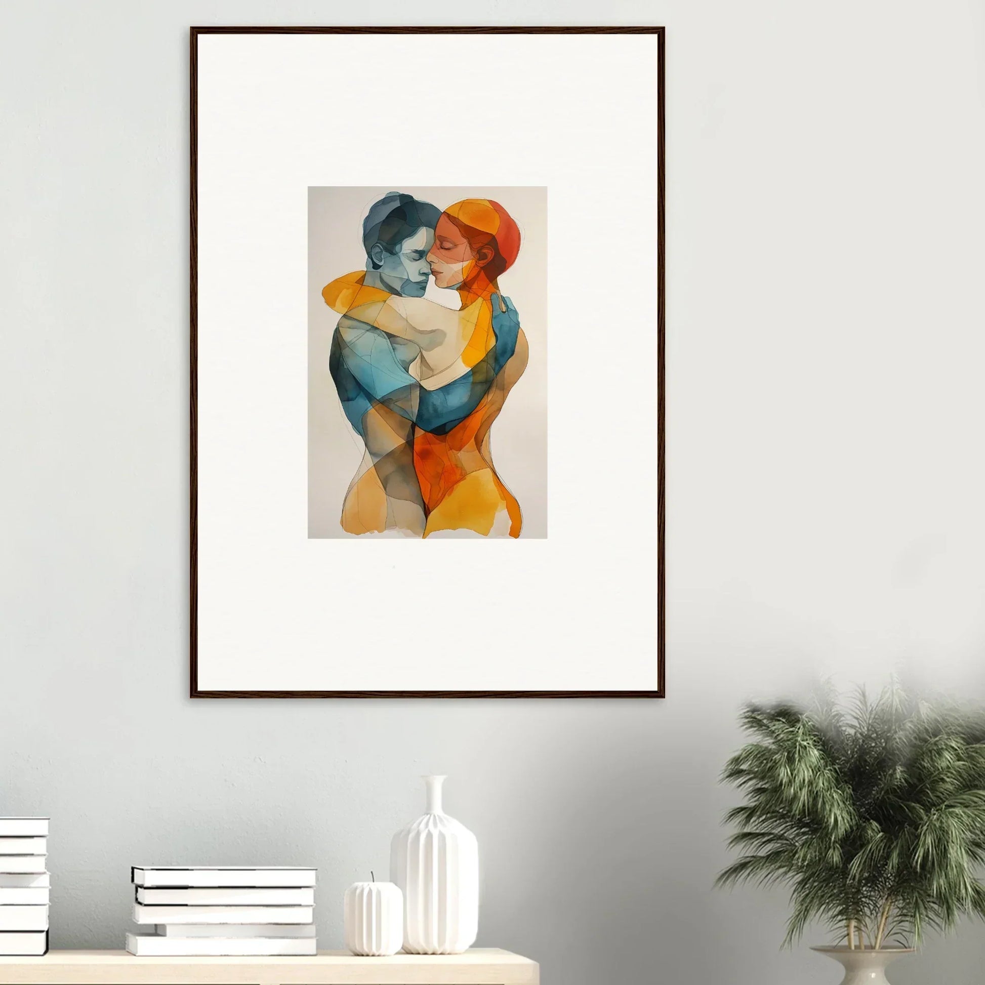 Framed watercolor painting of two abstract figures in blue and orange for room decoration