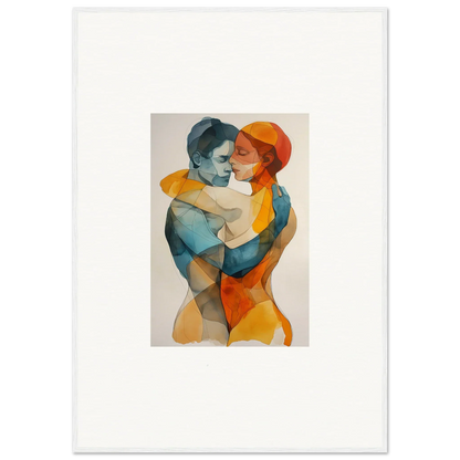 Watercolor canvas print of embracing couple in vibrant blue and orange for room decoration