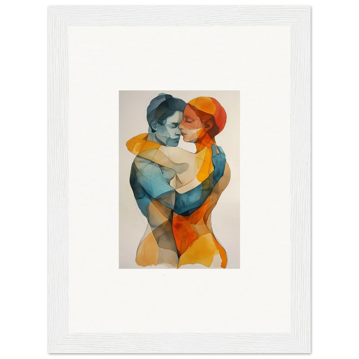 Watercolor canvas print of embracing figures in blue and orange, perfect for room decoration