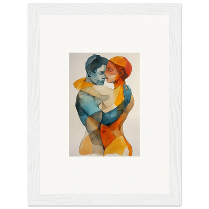 Watercolor canvas print of embracing figures in blue and orange, perfect for room decoration