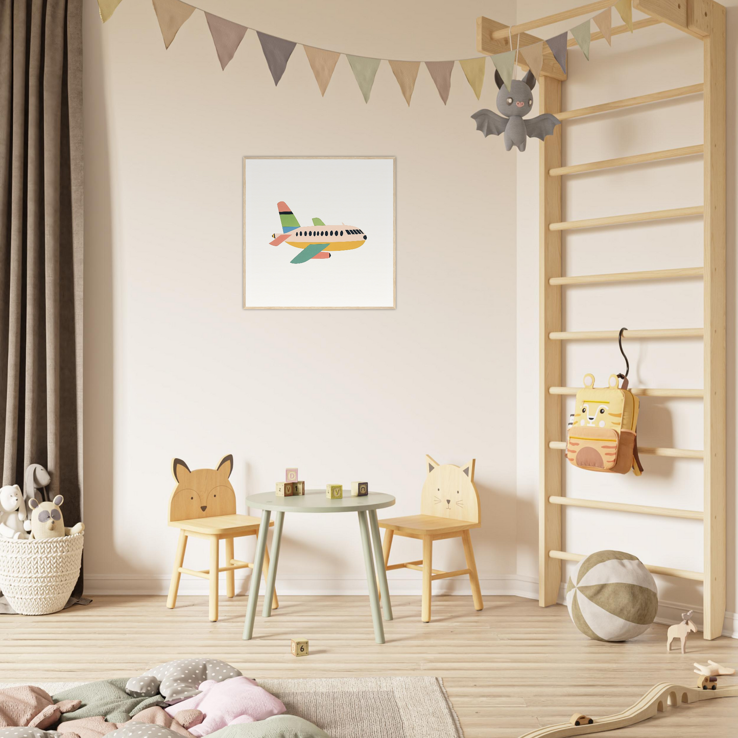 Children’s play area featuring wooden animal chairs and a round table by Peach Pursuits Soar